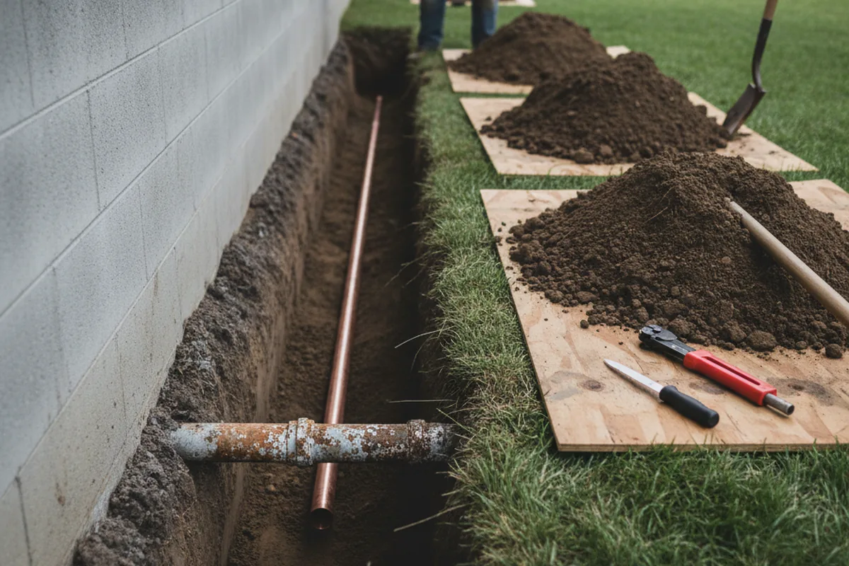 Excavated water line trench during Water Heater Repair in Sand Lake